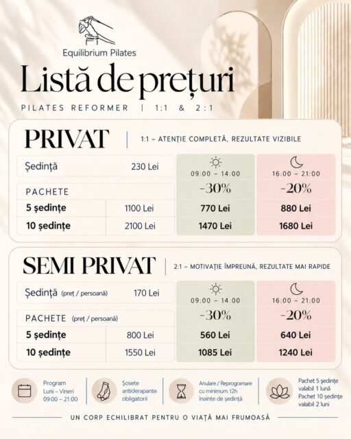 🔥 PREȚURI CARE SCHIMBĂ REGULILE JOCULUI ÎN PILATES! 

Cine a spus că Pilates Reformer, cu atenție exclusivă din partea instructorului, trebuie să coste o avere? 😍

La Equilibrium Pilates, am decis să facem lucrurile diferit! Am creat o ofertă greu de ignorat, fără să facem compromisuri la calitatea antrenamentelor.

🤍 PRIVAT 1:1 – Doar tu și instructorul tău. Un antrenament 100% personalizat, în ritmul tău, cu toată atenția concentrată asupra ta.

🤍 SEMI-PRIVAT 2:1 – Maximum DOUĂ persoane, niciodată mai multe! Aceeași atenție la detalii, aceeași experiență premium, la un preț care te va surprinde.

ȘI ACUM… PARTEA CEA MAI BUNĂ! 🔥

🌙 PILATES REFORMER PRIVAT de la doar 147 lei/ședință!

🌙 PILATES REFORMER SEMI-PRIVAT de la doar 108,50 lei/persoană/ședință!

Acestea sunt prețurile pentru intervalul de seară, între 16:00 și 21:00, cu o reducere de 20%!

☀️ DAR DACĂ VII ÎNTRE 09:00 ȘI 14:00? PREȚURILE SUNT ȘI MAI BUNE! 😍

☀️ PRIVAT 1:1 – doar 126 lei/ședință!

☀️ SEMI-PRIVAT 2:1 – doar 93 lei/persoană/ședință!

Da, ai citit bine! Reducerea de dimineață este de 30%, iar experiența rămâne aceeași: personalizată, atentă și dedicată progresului tău.

✨ Nu e Pilates în grup mare.
✨ Nu e un antrenament în care instructorul își împarte atenția între 6, 8 sau 10 persoane.
✨ Este despre TINE. Despre postura ta, progresul tău și rezultatele tale.

La Equilibrium Pilates, credem că o experiență premium nu trebuie să vină obligatoriu cu un preț premium.

📍 Equilibrium Pilates – Aviației, București

💌 Locurile sunt limitate de natura antrenamentelor noastre: maximum două persoane! Scrie-ne în privat și hai să găsim intervalul potrivit pentru tine.

🤍 MAI MULTĂ ATENȚIE. MAI MULT PILATES. MAI PUȚIN DE PLĂTIT.

Prețurile afișate pe ședință sunt calculate pentru pachetele de 10 ședințe. Reducerile se aplică exclusiv pachetelor de 5 și 10 ședințe, în intervalele orare menționate.